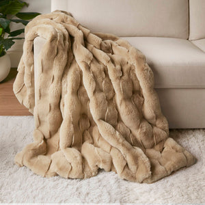 JLA Home Madison Park - Faux Faux Fur Throw Madison Park — Luxe basket-weave plush, Oeko‑Tex certified, machine washable comfort Tan MP50-8796