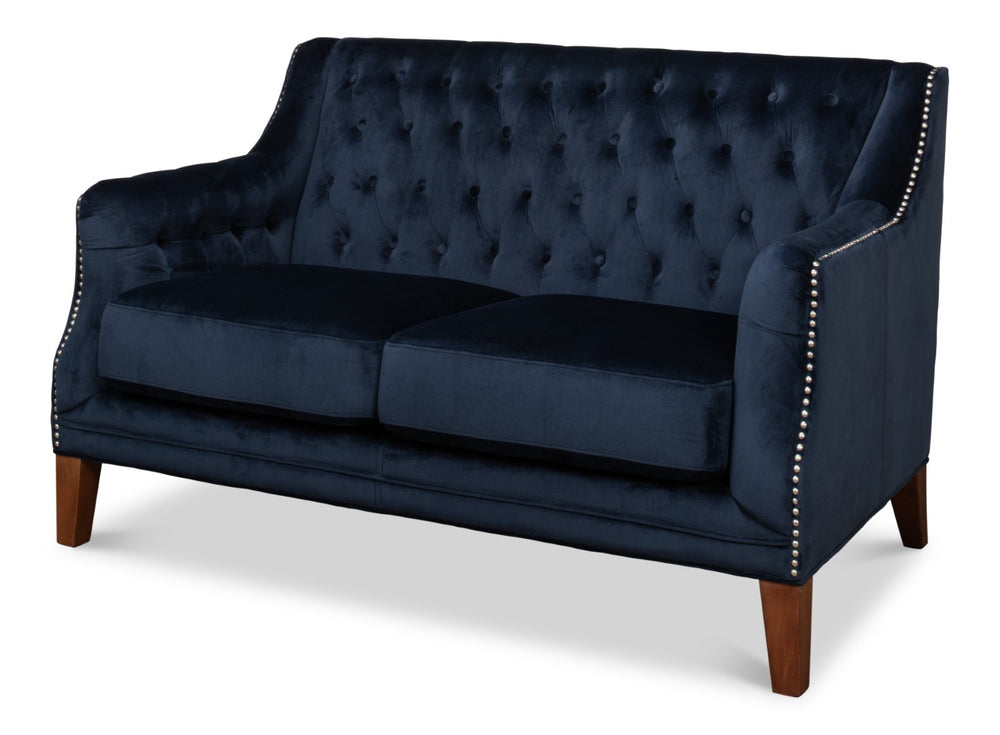 Sarreid Charlotte Loveseat - Elegant Navy Blue Velvet Tufted Design With 2 Cushions For Ultimate Comfort Blue  53035