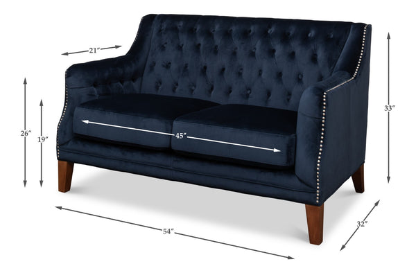 Sarreid Charlotte Loveseat - Elegant Navy Blue Velvet Tufted Design With 2 Cushions For Ultimate Comfort Blue  53035