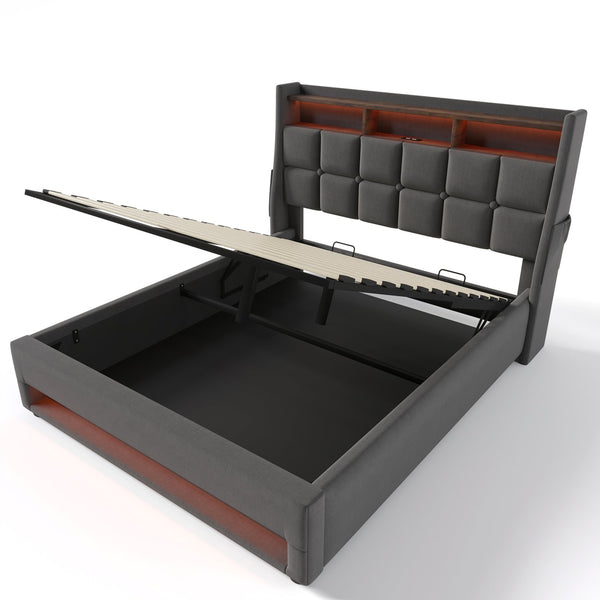 English Elm Full Upholstered Platform Bed with Hydraulic Storage, LED Lighting, USB Ports, Linen Wood Metal Design Grey AA20690708G