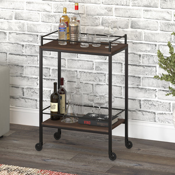 Homeroots Brown And Black Steel Rolling Bar Cart   530448