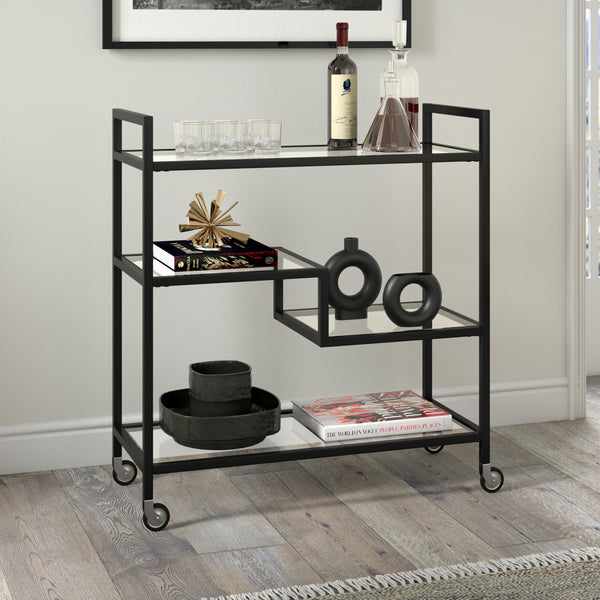 Homeroots Black Steel And Glass Rolling Bar Cart   530449