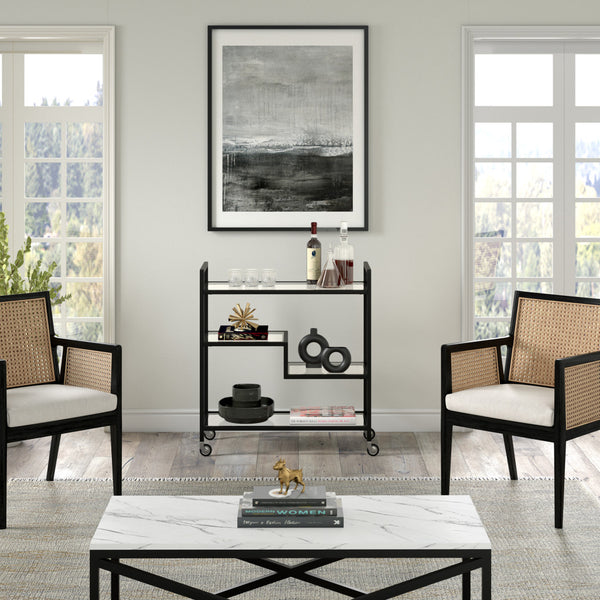 Homeroots Black Steel And Glass Rolling Bar Cart   530449