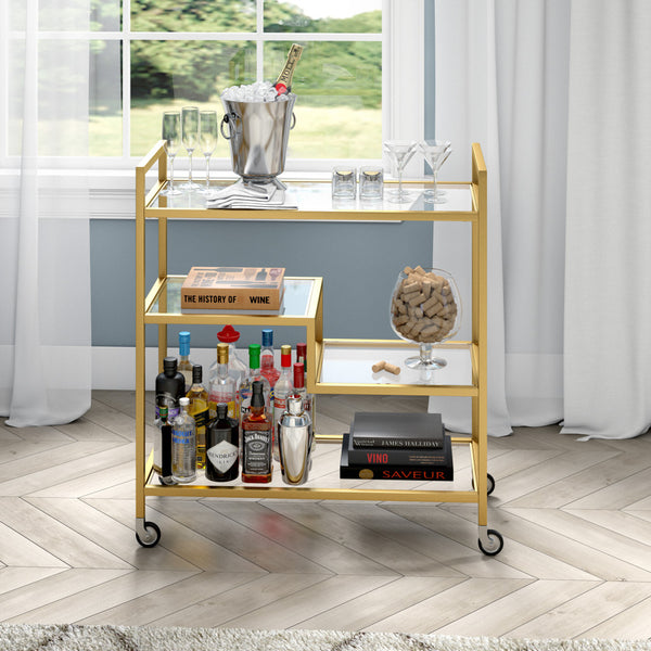 Homeroots Brass Steel And Glass Rolling Bar Cart   530450