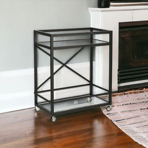 Homeroots Black Steel And Glass Rolling Bar Cart   530451