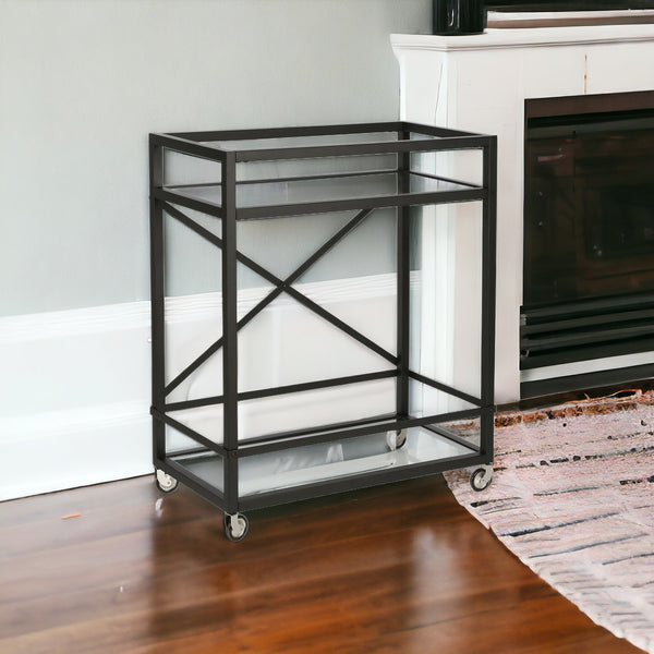 Homeroots Black Steel And Glass Rolling Bar Cart   530451