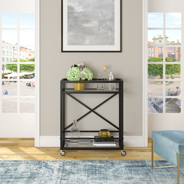 Homeroots Black Steel And Glass Rolling Bar Cart   530451