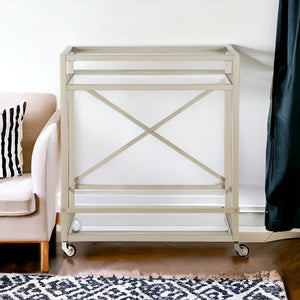 Homeroots Nickel Steel And Glass Rolling Bar Cart   530452