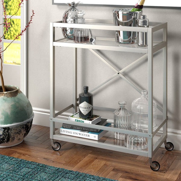 Homeroots Nickel Steel And Glass Rolling Bar Cart   530452