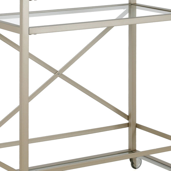 Homeroots Nickel Steel And Glass Rolling Bar Cart   530452