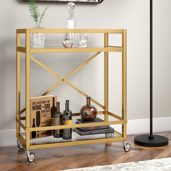 Homeroots Brass Steel And Glass Rolling Bar Cart   530453