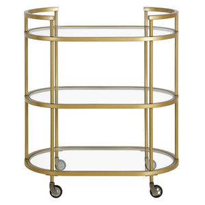 Homeroots Brass Steel And Glass Oval Rolling Bar Cart   530454