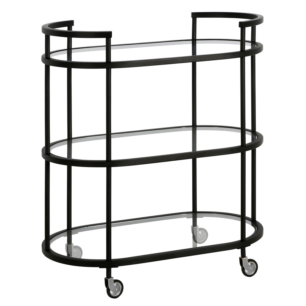 Homeroots Black Steel And Glass Oval Rolling Bar Cart   530455