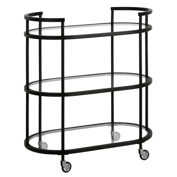 Homeroots Black Steel And Glass Oval Rolling Bar Cart   530455