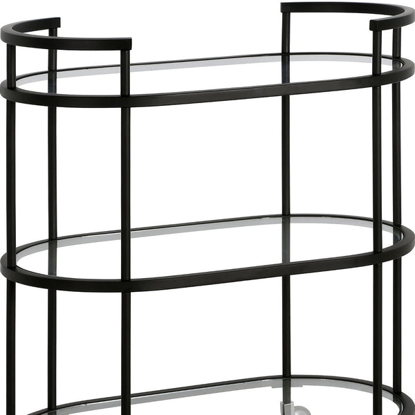 Homeroots Black Steel And Glass Oval Rolling Bar Cart   530455