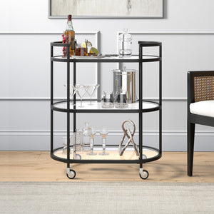 Homeroots Black Steel And Glass Oval Rolling Bar Cart   530455