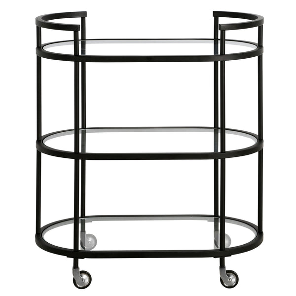 Homeroots Black Steel And Glass Oval Rolling Bar Cart   530455