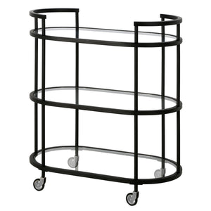 Homeroots Black Steel And Glass Oval Rolling Bar Cart   530455