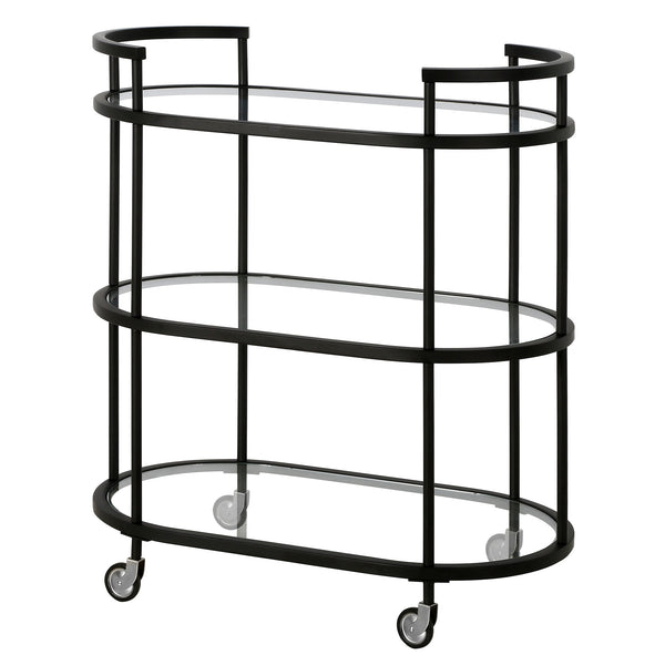 Homeroots Black Steel And Glass Oval Rolling Bar Cart   530455
