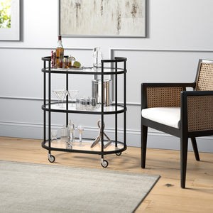 Homeroots Black Steel And Glass Oval Rolling Bar Cart   530455