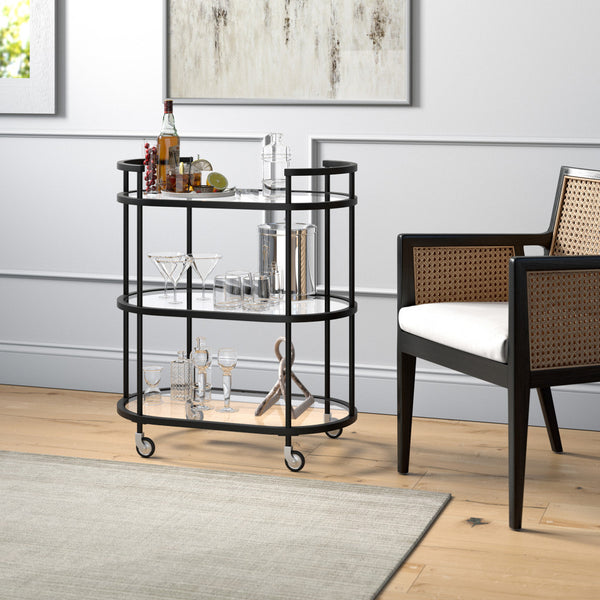 Homeroots Black Steel And Glass Oval Rolling Bar Cart   530455