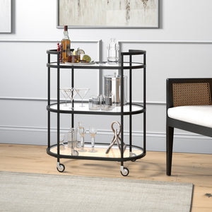 Homeroots Black Steel And Glass Oval Rolling Bar Cart   530455