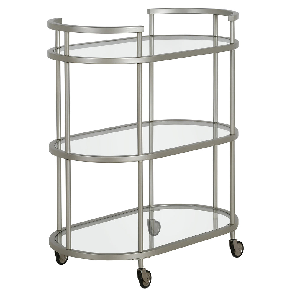 Homeroots Nickel Steel And Glass Oval Rolling Bar Cart   530456