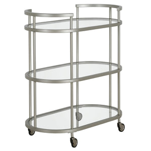 Homeroots Nickel Steel And Glass Oval Rolling Bar Cart   530456