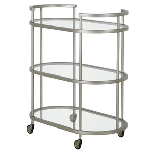 Homeroots Nickel Steel And Glass Oval Rolling Bar Cart   530456