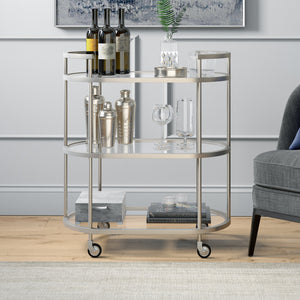 Homeroots Nickel Steel And Glass Oval Rolling Bar Cart   530456