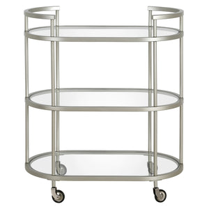 Homeroots Nickel Steel And Glass Oval Rolling Bar Cart   530456