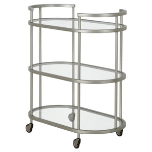 Homeroots Nickel Steel And Glass Oval Rolling Bar Cart   530456