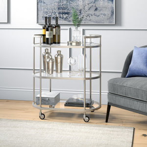 Homeroots Nickel Steel And Glass Oval Rolling Bar Cart   530456