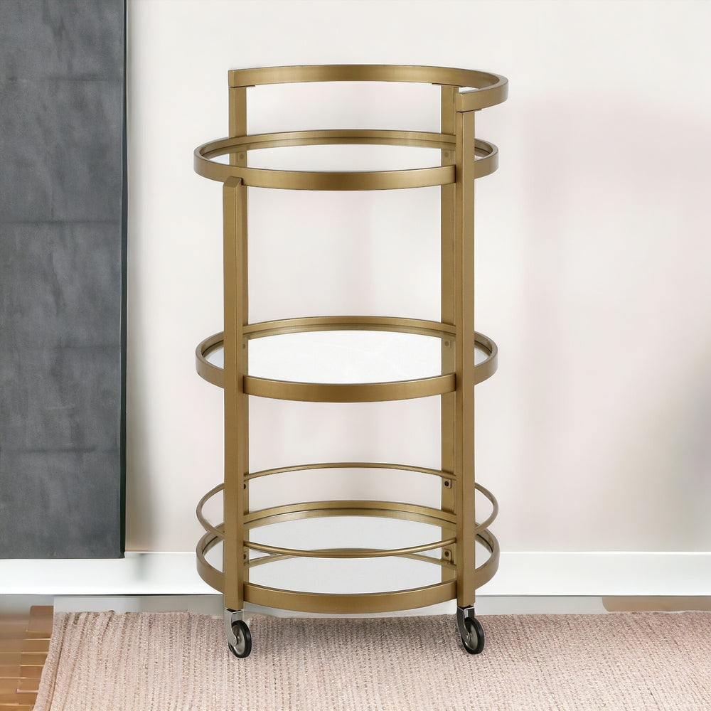 Homeroots Brass Steel And Glass Round Rolling Bar Cart   530458