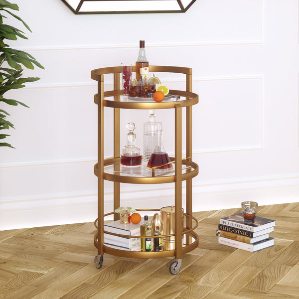 Homeroots Brass Steel And Glass Round Rolling Bar Cart   530458