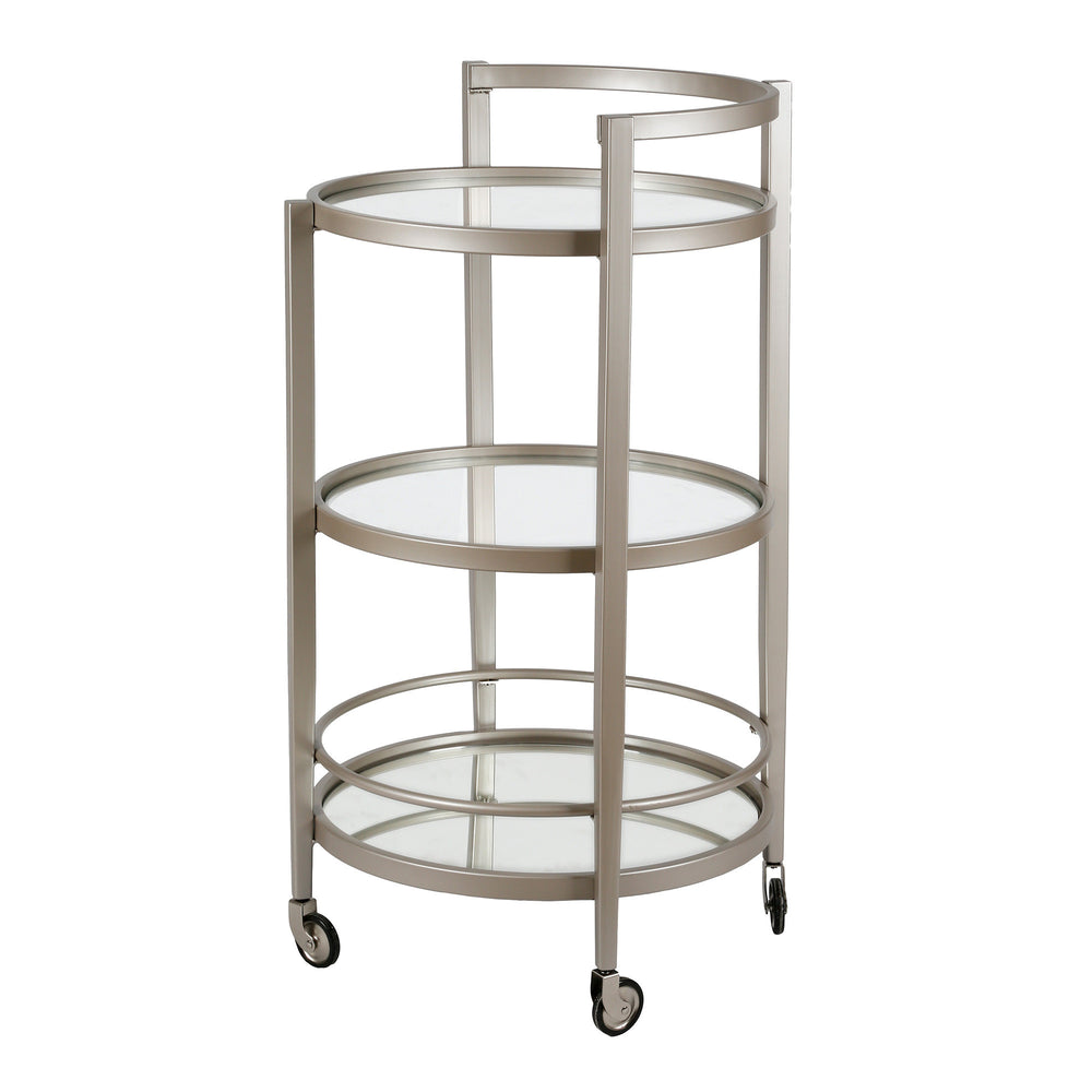 Homeroots Nickel Steel And Glass Round Rolling Bar Cart   530459