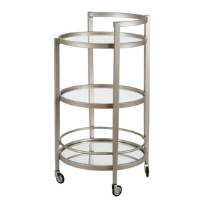 Homeroots Nickel Steel And Glass Round Rolling Bar Cart   530459