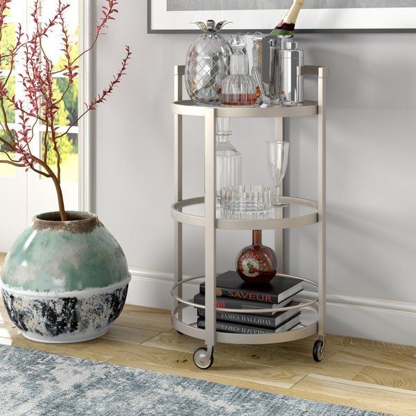 Homeroots Nickel Steel And Glass Round Rolling Bar Cart   530459