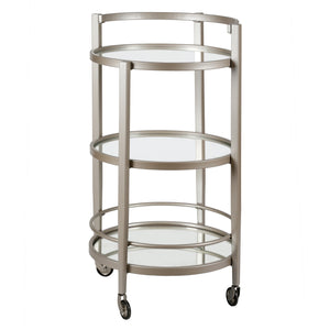Homeroots Nickel Steel And Glass Round Rolling Bar Cart   530459