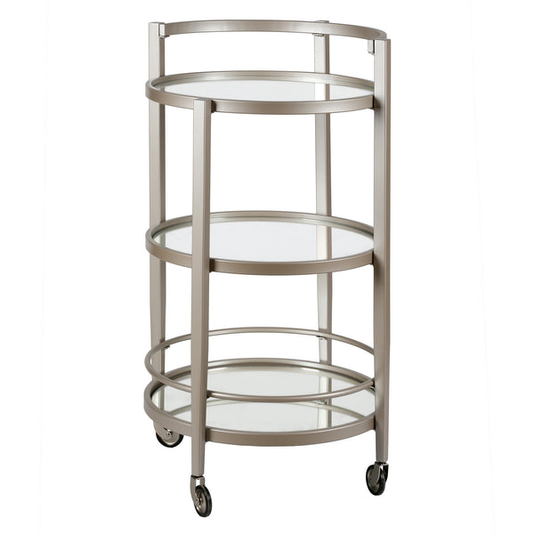 Homeroots Nickel Steel And Glass Round Rolling Bar Cart   530459