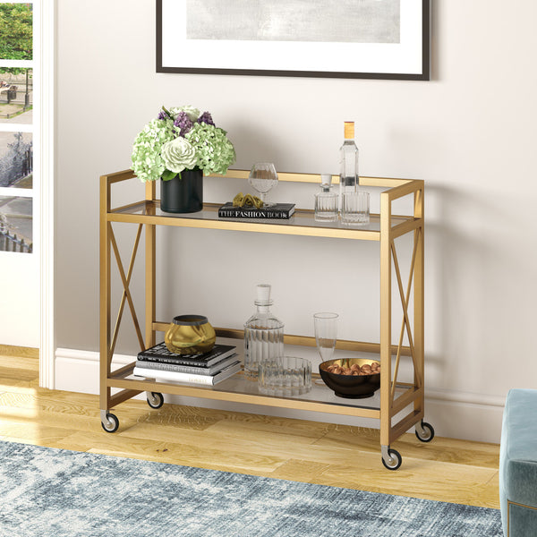 Homeroots Brass Steel And Glass Rolling Bar Cart   530460