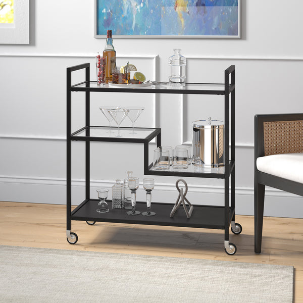 Homeroots Black Steel And Glass Rolling Bar Cart   530463