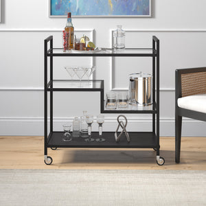 Homeroots Black Steel And Glass Rolling Bar Cart   530463
