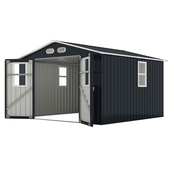 English Elm Outdoor Metal Storage Shed 8x8 Ft with Four Windows and Lockable Double Doors Dark Gray W1598S00041