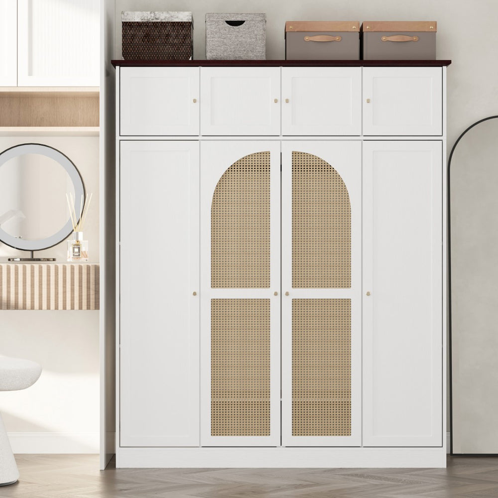 English Elm 70.87"tall Rattan Door Armoire Freestanding Wardrobe with Adjustable Shelves Hanging Rod White W757S00055