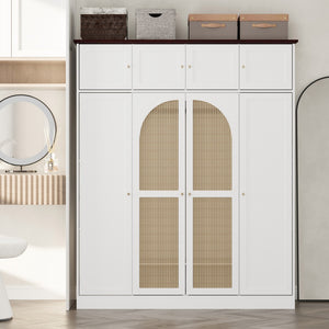 English Elm 70.87"tall Rattan Door Armoire Freestanding Wardrobe with Adjustable Shelves Hanging Rod White W757S00055