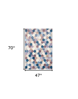 Homeroots 4' X 6' Ivory And Blue Geometric Distressed Area Rug  Polyester 530531