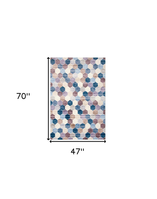 Homeroots 4' X 6' Ivory And Blue Geometric Distressed Area Rug  Polyester 530531