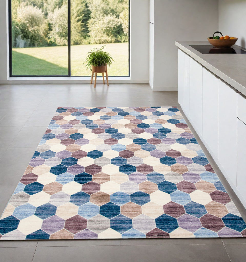 Homeroots 4' X 6' Ivory And Blue Geometric Distressed Area Rug  Polyester 530531