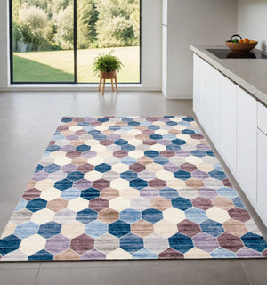 Homeroots 4' X 6' Ivory And Blue Geometric Distressed Area Rug  Polyester 530531